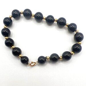 14K Gold Black Onyx Beaded Bracelet Inches Adjustable 11.3G 6.75"